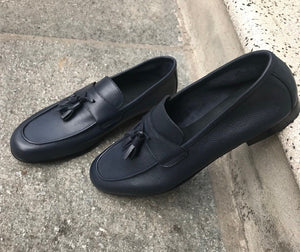 mocassino in pelle blu con nappa fondo cuoio